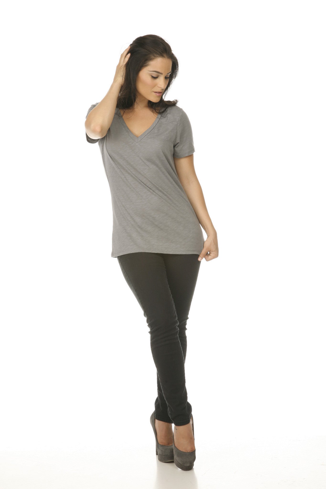 Women's Slub Jersey V Neck-thunder