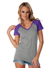 Women Jersey Contrast V Neck Raglan Short Sleeve-YLGA