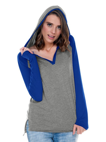 Women Jersey V-Neck Raglan High-Low Long Sleeve Hoodie