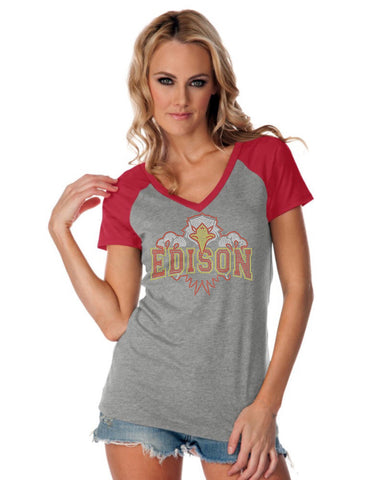 Juniors Sheer Jersey Contrast V Neck Raglan Short Sleeve Tee-PEG