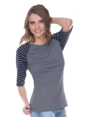 Juniors Striped Jersey Contrast Raglan 3/4 Sleeve-h
